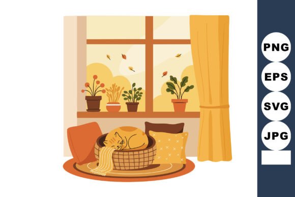 Cozy Autumn Indoor Scene with Sleeping C