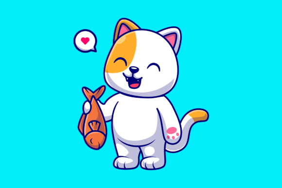 Cute Cat Holding Fish Cartoon
