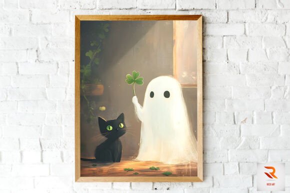 Cute Ghost, Black Cat and Clover Art