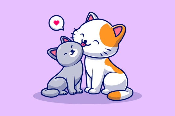 Cute Mother Cat Licking Kitten Cartoon