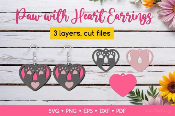 Layered Cat Paw with Heart Earring SVG
