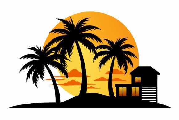 Palm Tree on Beach, Sunset Sky Vector