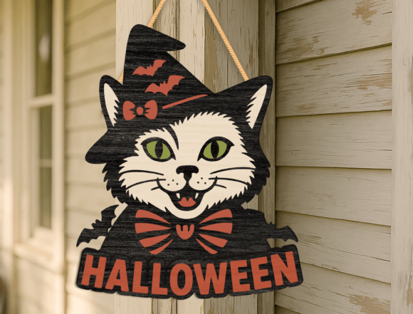 Smiling Witch Cat Halloween Sign