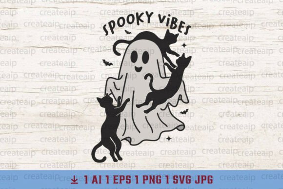 Spooky Vibes Ghost and Cats PNG