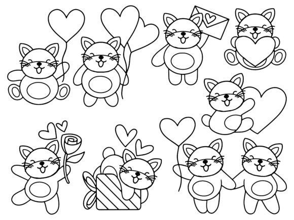 Valentine Day Cat Cartoon Line Art