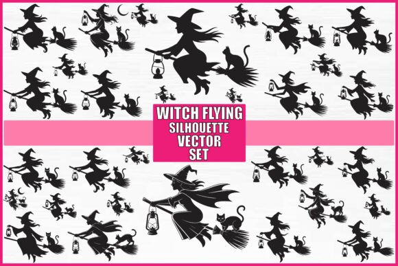 Witch Flying Silhouette Vector Set