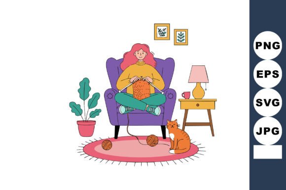 Woman Knitting in Purple Armchair with O